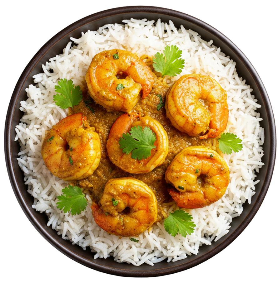 Shrimp curry over basmati rice at Taj Palace Indian restaurant in Summerlin